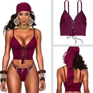 New! BFyne Tahlia Burgundy Lace-Up Corset-Style Bikini Top 10589